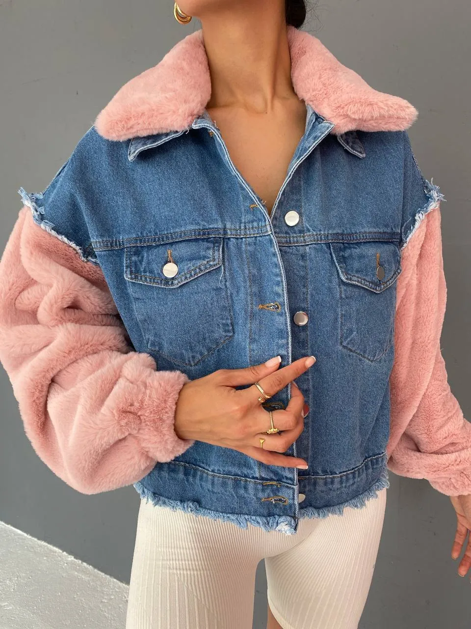 Plush Seleeve Denim jacket
